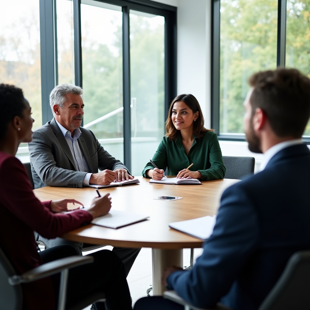 Diverse group of UK professionals engaged in a structured communication exercise around a conference table