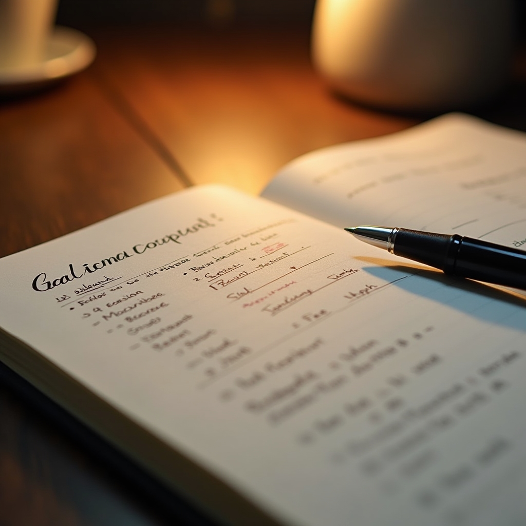 Close-up of an open notebook with structured goal-setting notes, a pen resting on the page, warm desk lamp illuminating the scene