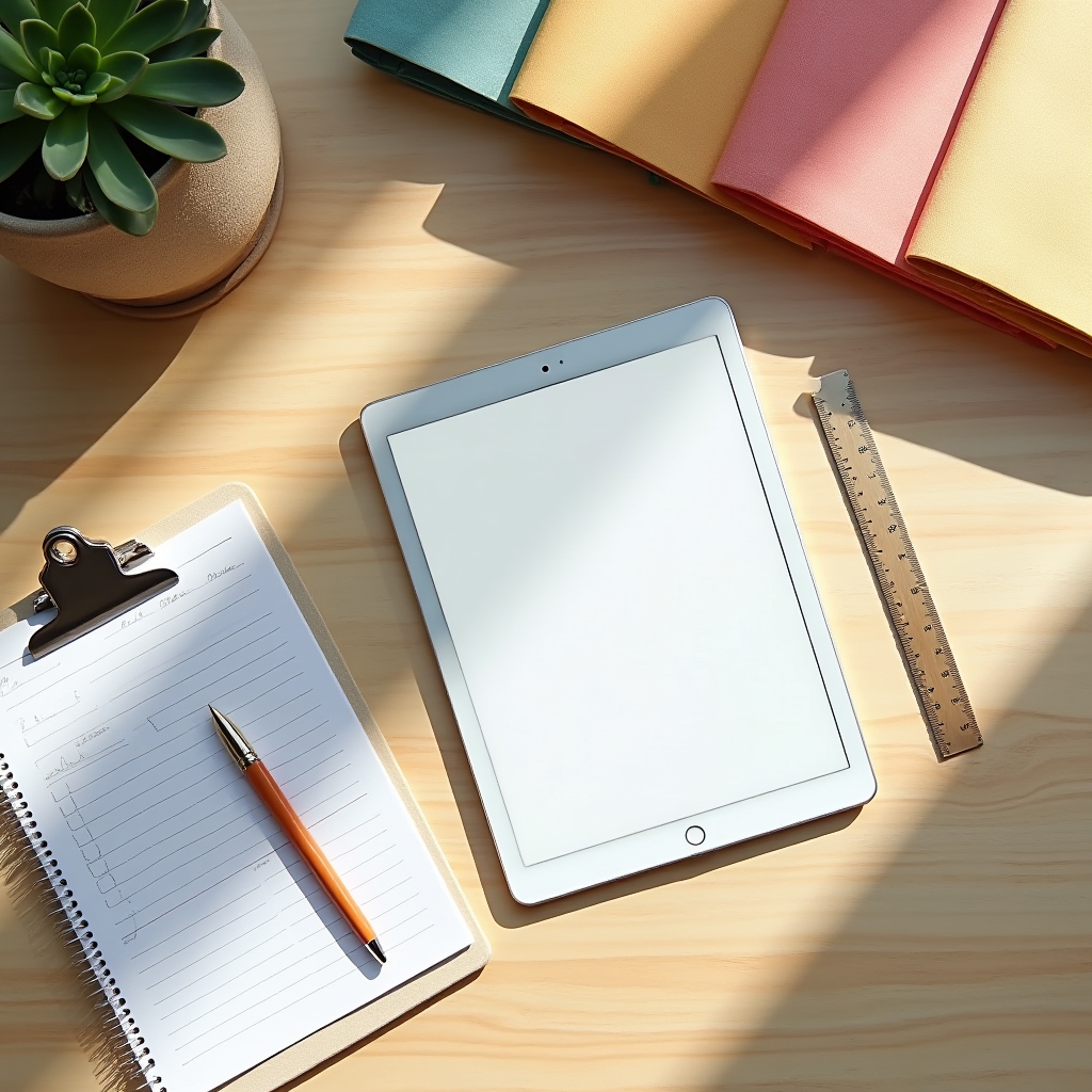 Organised professional workspace showing a clean desk with colour-coded folders, a digital planner on screen, and structured note-taking system