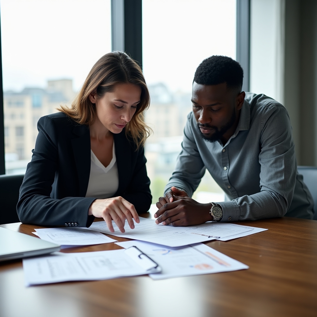 Two professionals collaborating at a desk, reviewing structured course materials with focused, engaged expressions in a bright Sheffield office