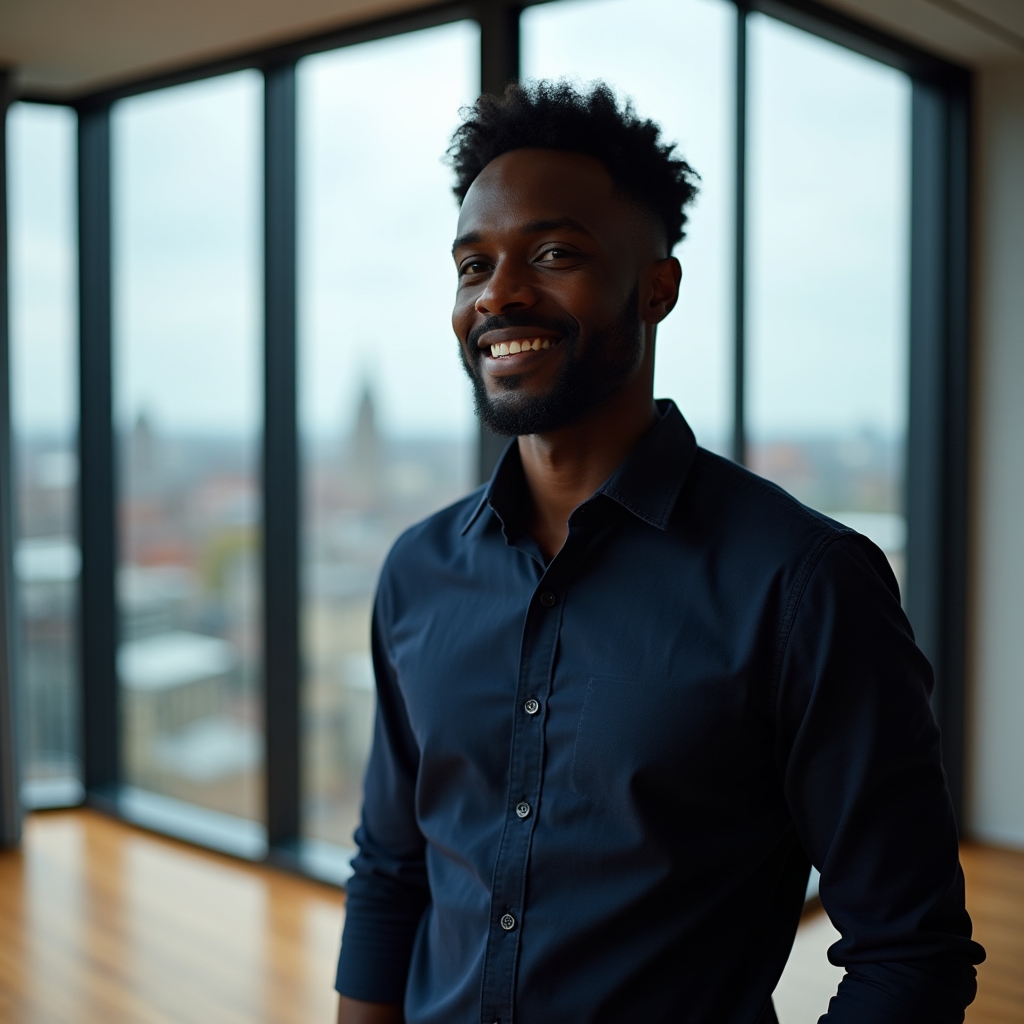 Man in his early 40s with short dark hair, wearing a smart casual shirt, standing near a window with a city view, thoughtful and approachable expression