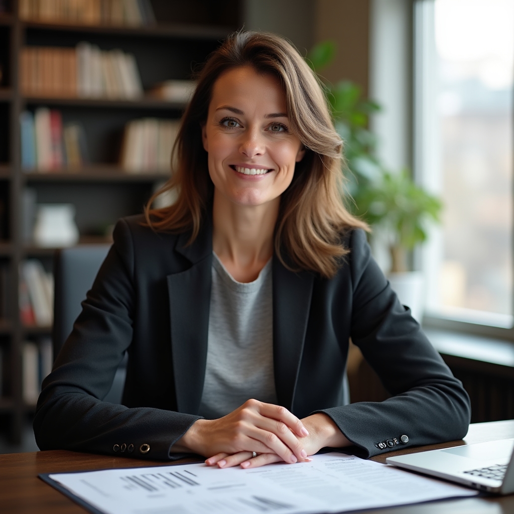 Woman in her late 30s with medium-length brown hair, wearing a dark blazer, seated at a desk with course materials, warm professional expression