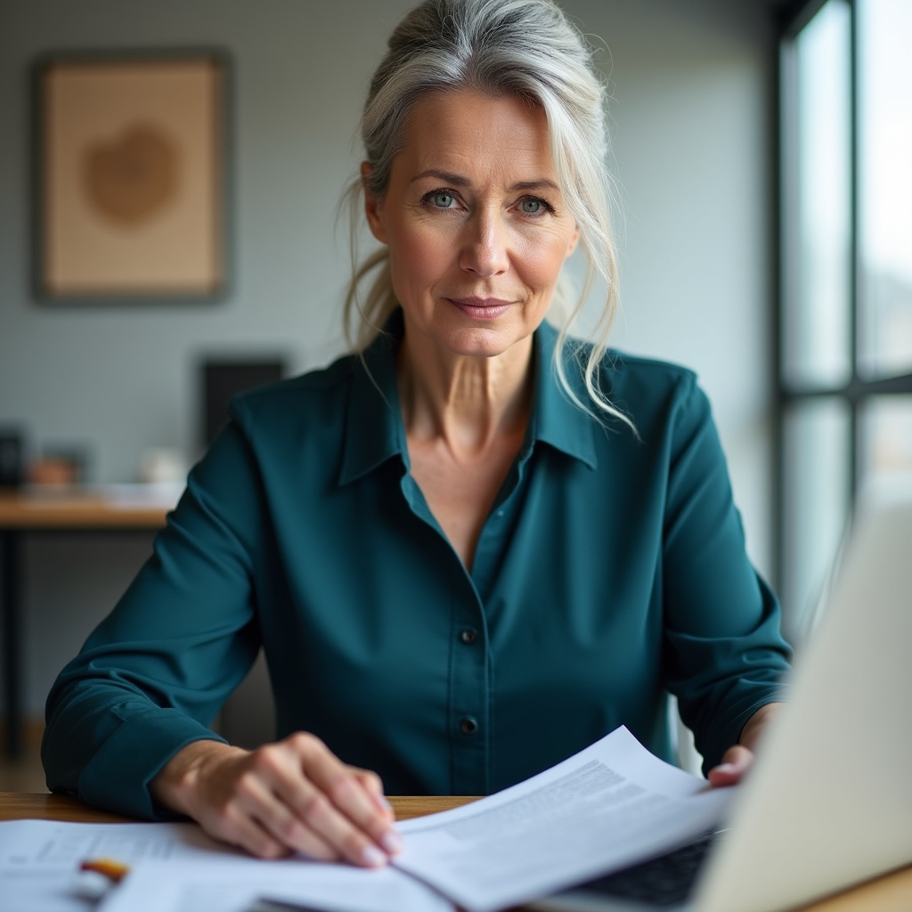 Woman in her late 40s with silver-streaked hair pulled back, wearing a professional blouse, seated in a bright office reviewing documents, calm and authoritative presence