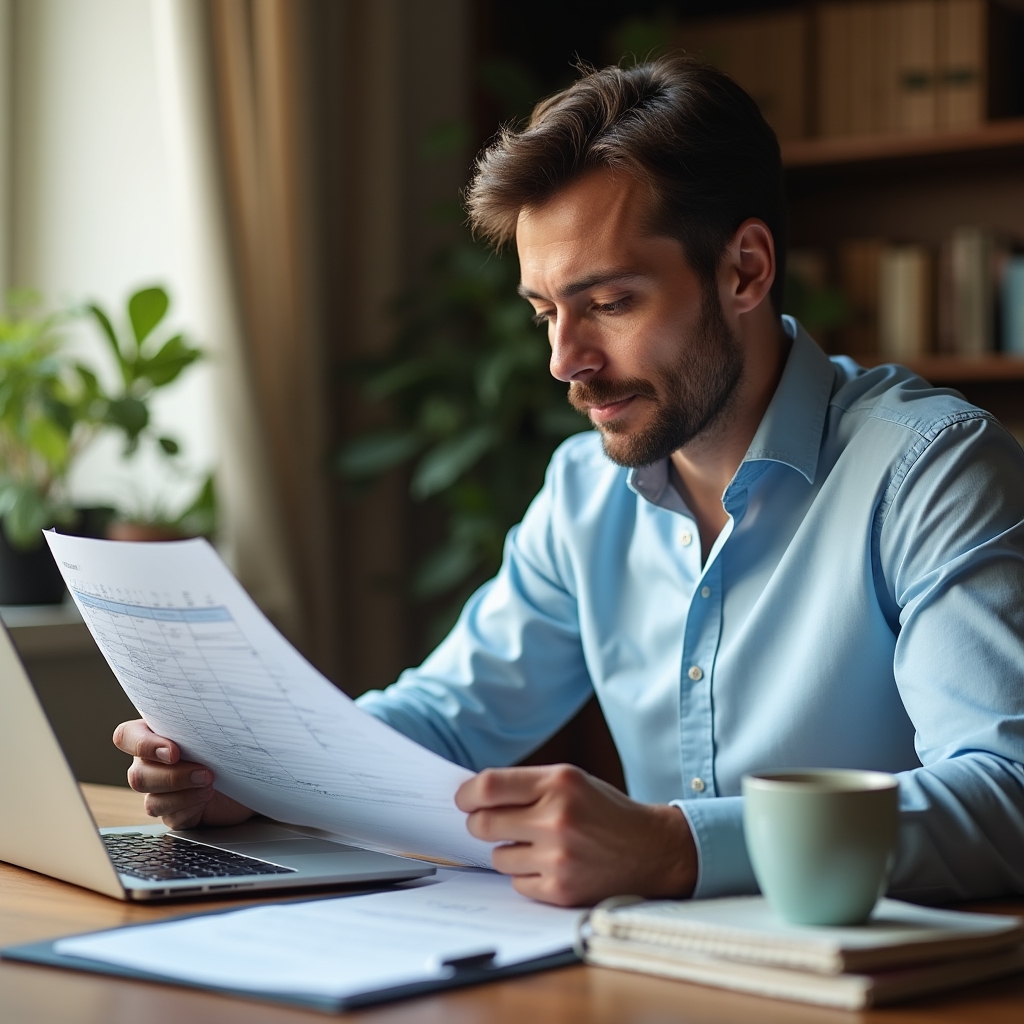 Professional adult reviewing a structured weekly planner on a desk with a laptop, coffee, and organised stationery in a calm office environment